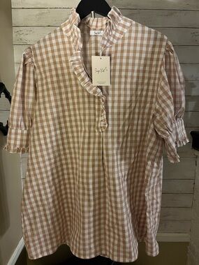 Sage Volk Beige & White Gingham Ruffle Neck Blouse